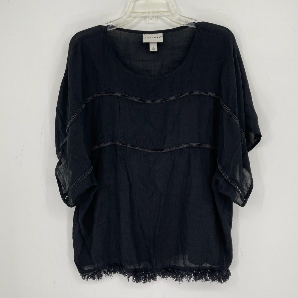 Ava & Viv Women's Black Ladder Trim Fringed Dolman Sheer Top Blouse Size X 14W